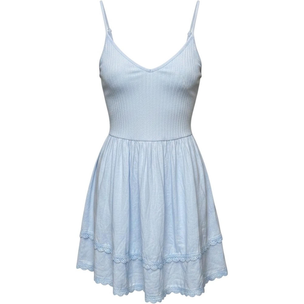 Aerie‎ Light Blue Ribbed Tiered Mini Dress Crochet Trim Small Sundress